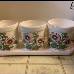 Vintage ceramic plant pots trio with tray